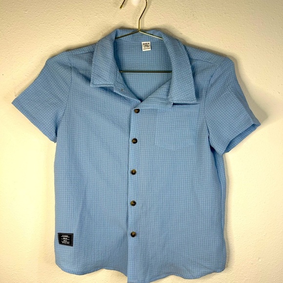 Boys Blue Button Up Shirt SHEIN Size 11/12 Grid Texture Casual Camp Style - Picture 2 of 6